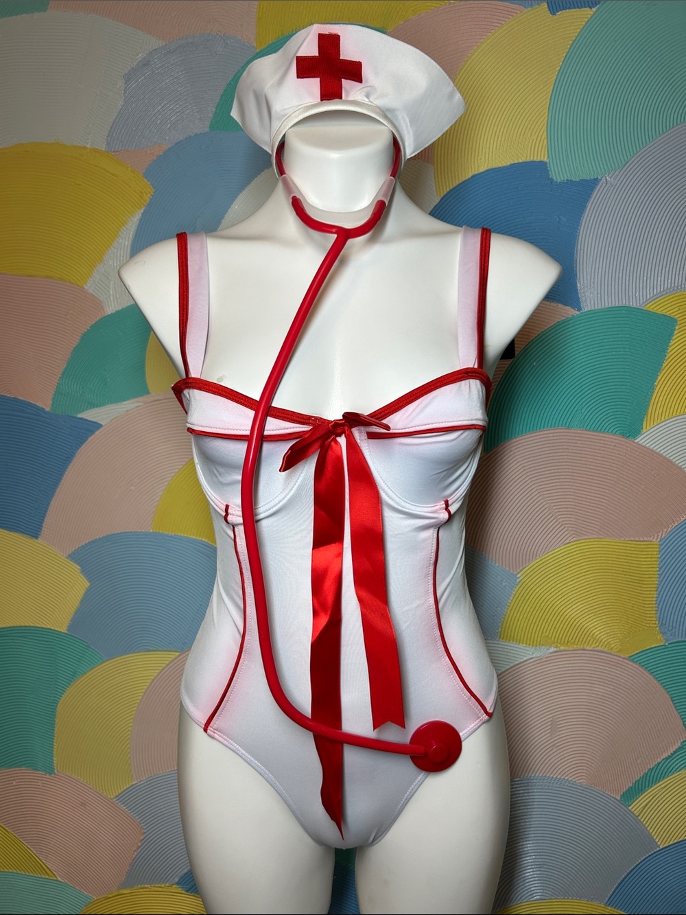 NWT Forplay White & Red Nurse Costume Bodysuit with Stethoscope sz S/M
